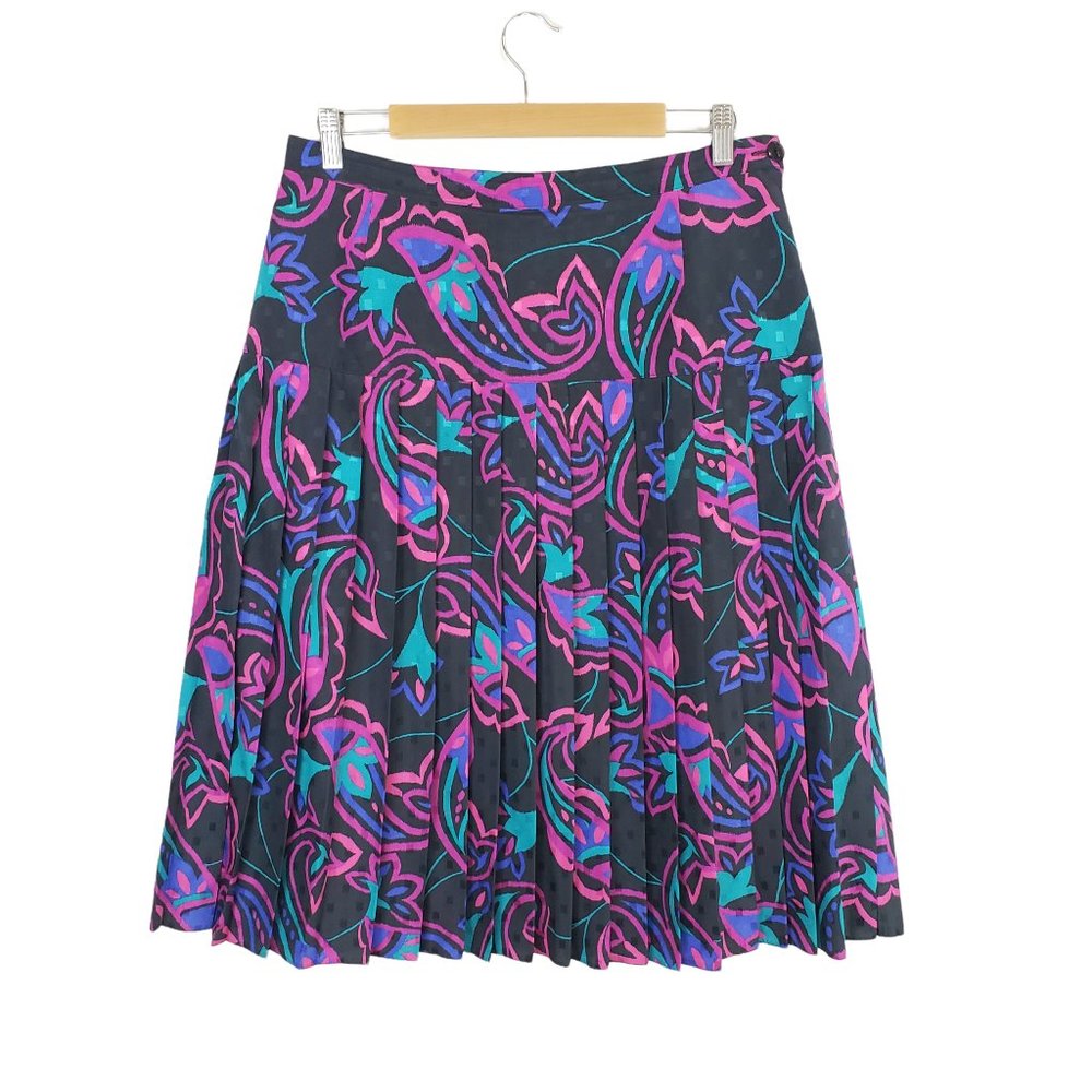 Vintage 80's Diolen Pleated Multicolored Paisley A-line Midi Skirt Size Large
